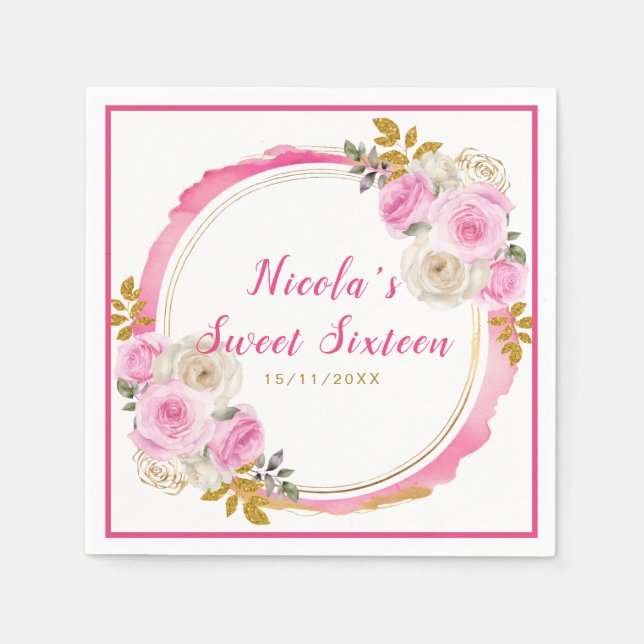 Serviette En Papier Sweet sixteen brillant rose et or Fleurs élégantes (Devant)