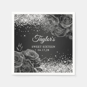 Serviette En Papier Sweet sixteen de glamme floral noir brillant