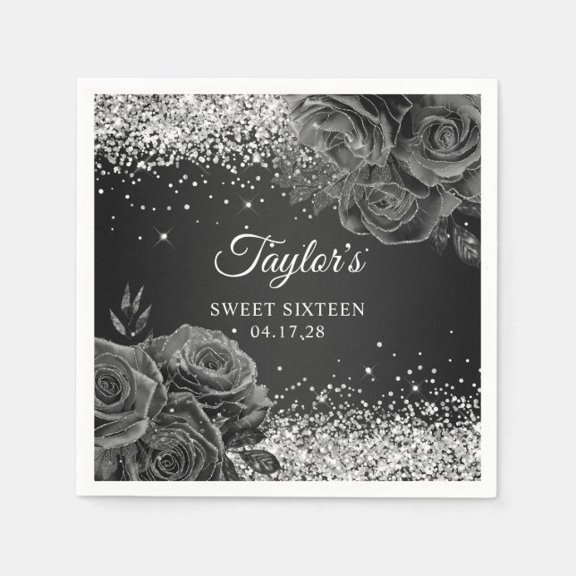 Serviette En Papier Sweet sixteen de glamme floral noir brillant (Devant)