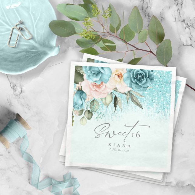 Serviette En Papier Sweet sixteen Floral Sparkles ID Turquoise912 (Créateur téléchargé)
