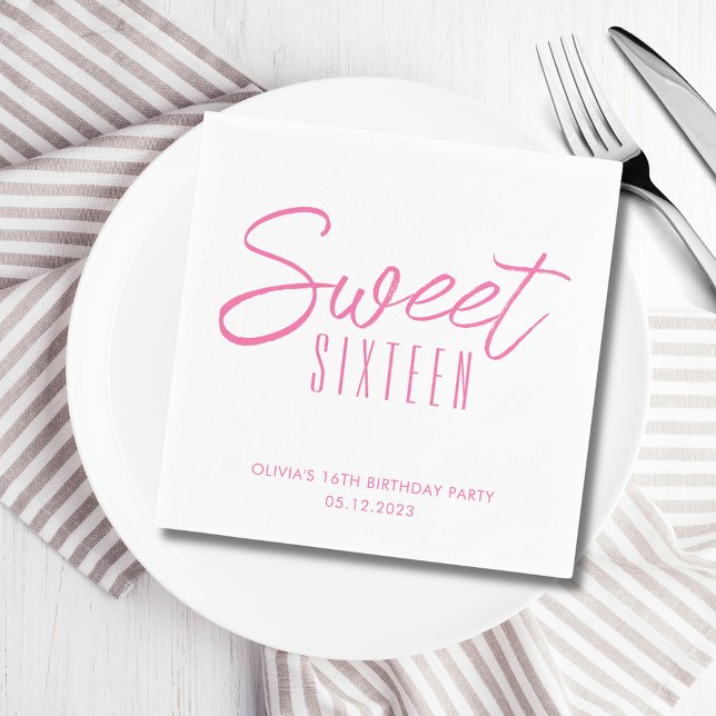 Serviette En Papier Sweet sixteen moderne Rose Girls 16ème fête (Sweet Sixteen 16th Sixteenth girls birthday party paper napkins in white & pink. See full range.)