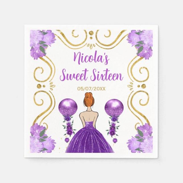Serviette En Papier Sweet sixteen Red Hair Princesse en violet (Devant)