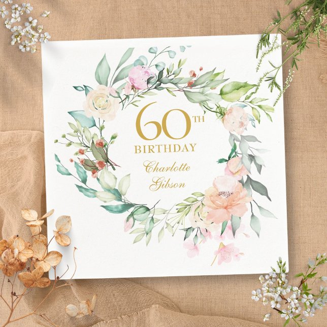 Serviette En Papier Sweet Summer Roses Garland 60e anniversaire (Sweet Summer Roses Garland 60th Birthday Napkins)