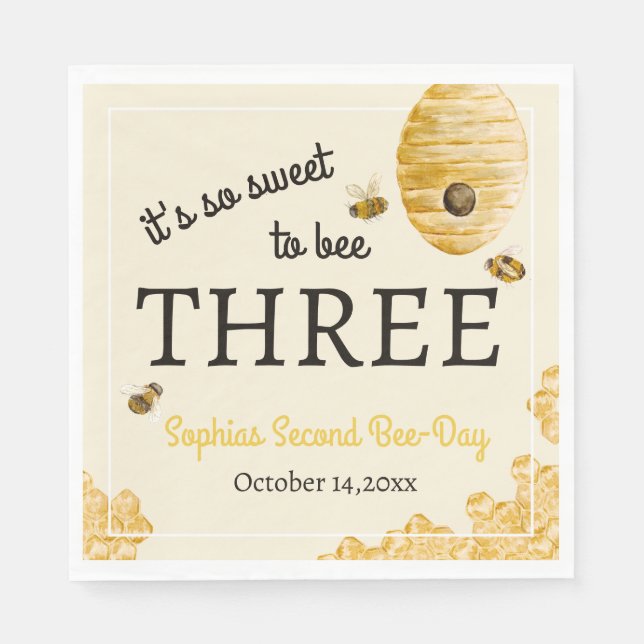 Serviette En Papier Sweet To Bee Three Third Birthday Bees Honeycomb (Devant)
