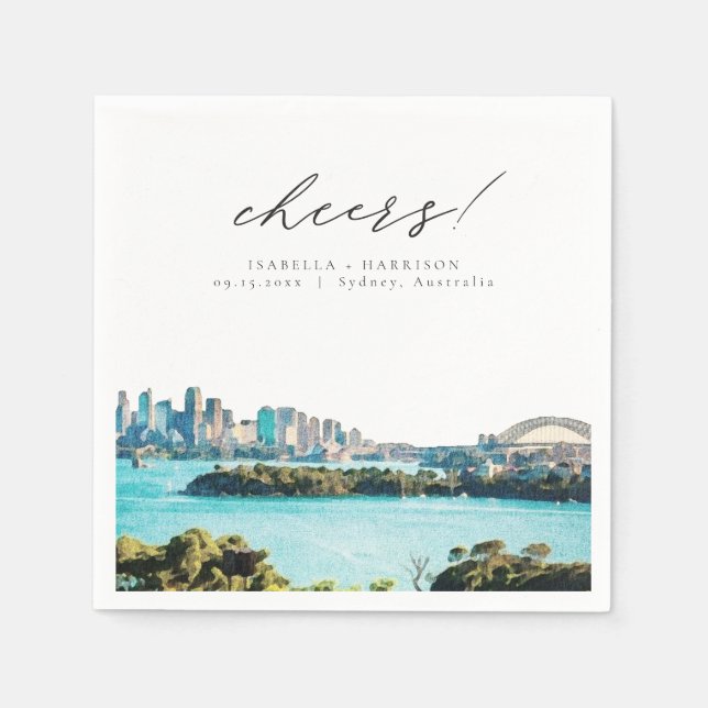 Serviette En Papier SYDNEY AUSTRALIA Watercolor Beach Skyline Mariage (Devant)