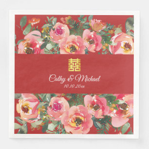 Serviette En Papier Symbole de double bonheur sur fond de fleurs roses