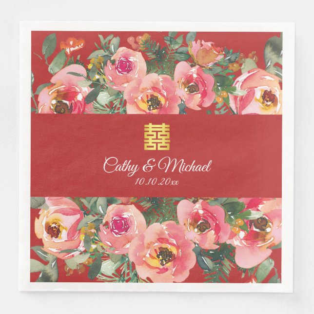 Serviette En Papier Symbole de double bonheur sur fond de fleurs roses (Devant)