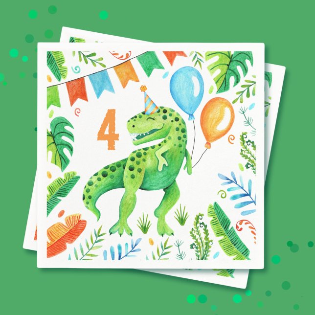 Serviette En Papier T rex Dinosaur Anniversaire de fête (T rex Dinosaur Boys Birthday Watercolor Napkins)