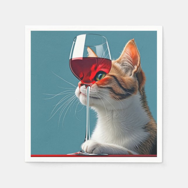 Serviette En Papier Tabby Chat avec verre de vin rouge (Devant)