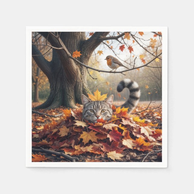 Serviette En Papier Tabby Chat dans un seau de feuilles d'automne (Devant)
