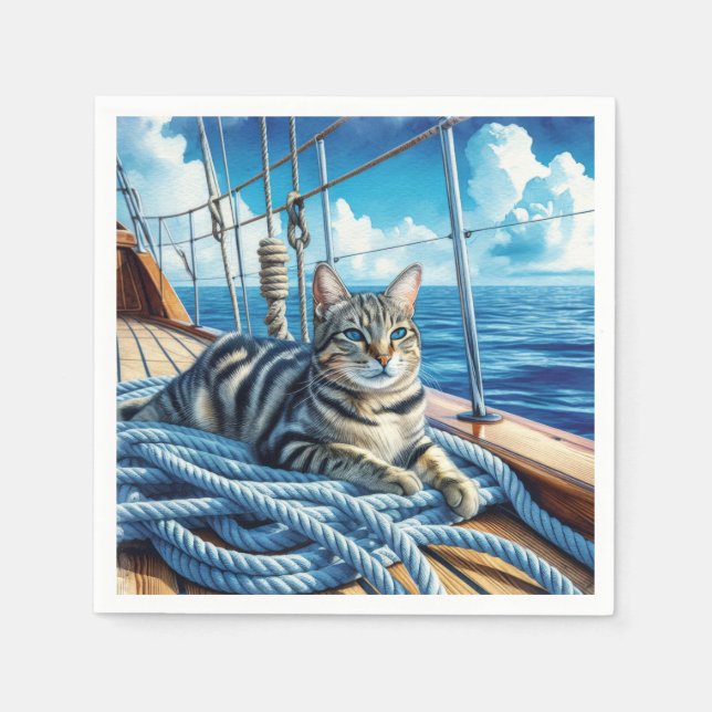 Serviette En Papier Tabby Chat Sur Les Cordes De Bateau (Devant)