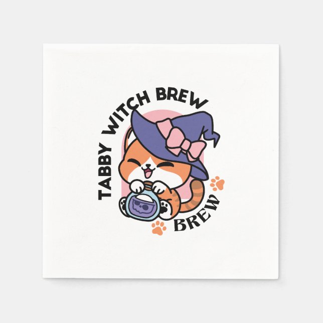 Serviette En Papier Tabby Witch Brew – Joli design de chat pour Hallow (Devant)