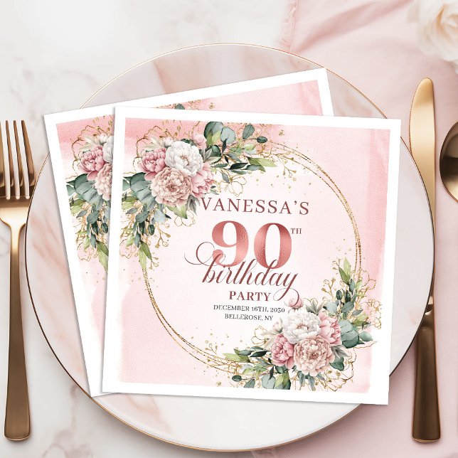 Serviette En Papier Table de fête d'anniversaire 90 ans Boho Rose Gold (Boho Rose Gold Floral 90th Birthday Party Table Napkins)