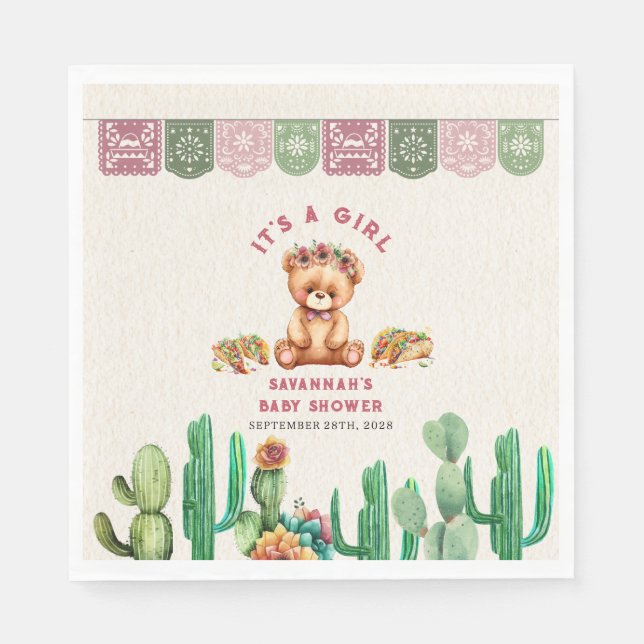 Serviette En Papier Tacos & Nounours Cactus Fille Baby shower Fiesta (Devant)