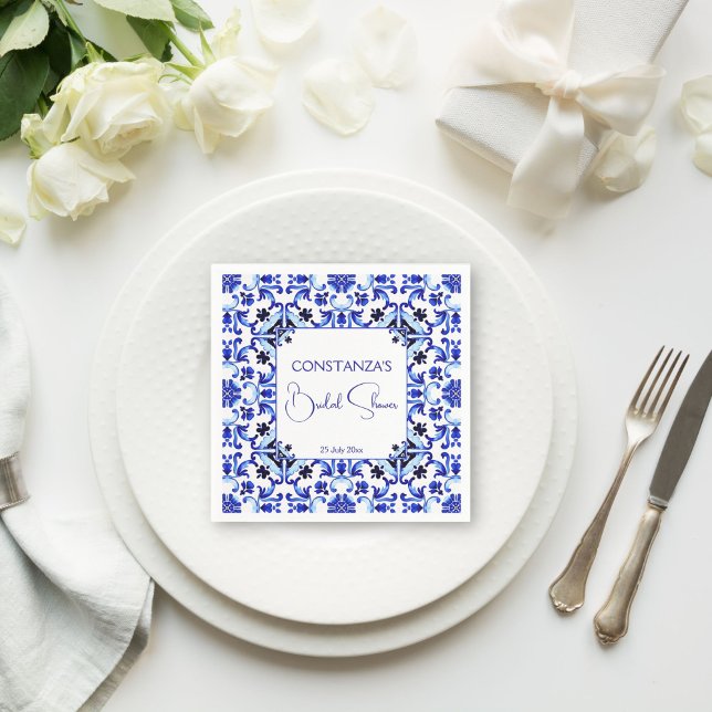 Serviette En Papier Talavera azulejo carreaux bleus douche de mariée m (Talavera azulejo blue tiles vintage Mexican bridal shower monogram printed Napkins table decor)