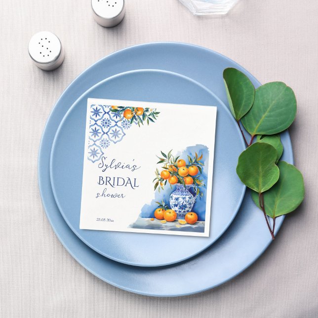 Serviette En Papier Talavera bleu chinoiserie shower de mariage thème  (Talavera blue chinoiserie vase oranges citrus Spanish Hacienda summer bridal shower printed napkins)
