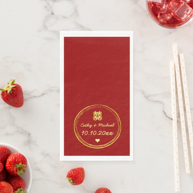 Serviette En Papier Tampon de double bonheur de mariage chinois rouge (En situation)