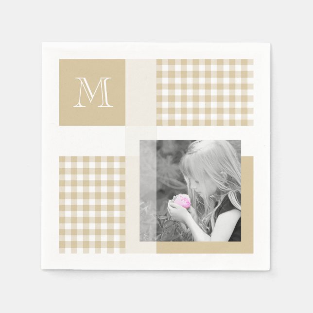Serviette En Papier Tan Ajouter Votre Photo En vichy Monogramme Brown  (Devant)