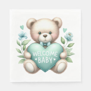SERVIETTE EN PAPIER TAN TEDDY OURS AU COEUR VERT PASTEL