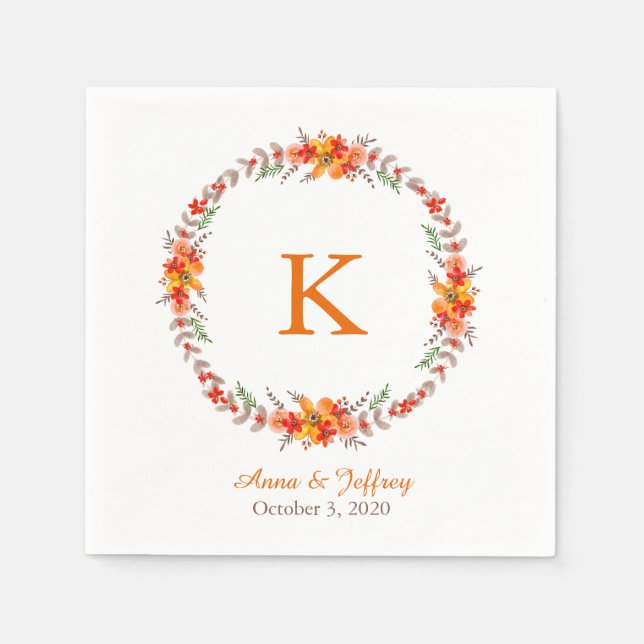 Serviette En Papier Tangerine Orange Floral Wreath Mariage (Devant)