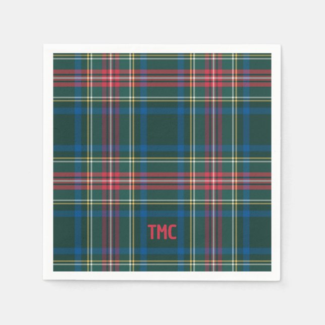 Serviette En Papier Tartan classique Plaid Initiales de Noël Preppy (Devant)