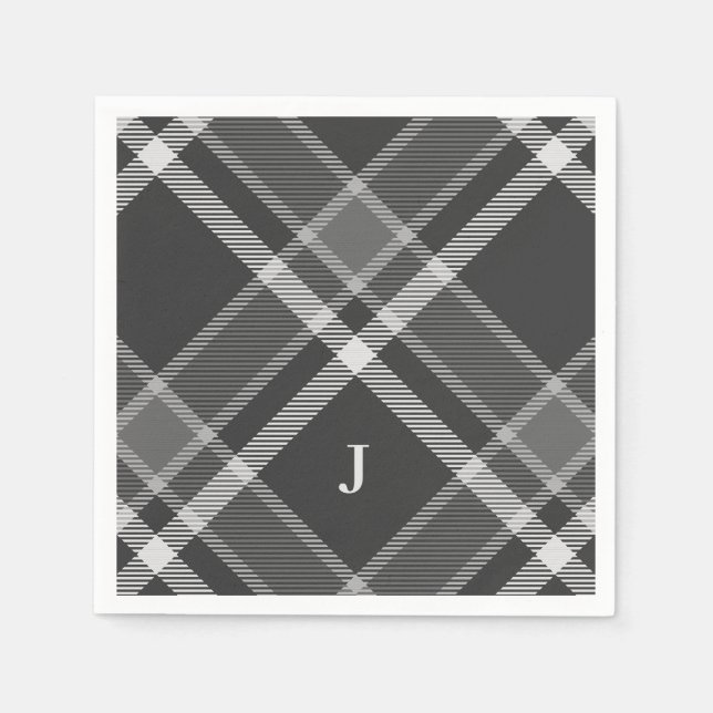 Serviette En Papier Tartan noir et gris rustique avec monogramme (Devant)