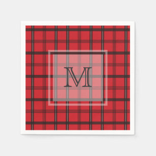 Serviette En Papier Tartan noir et rouge monogramme