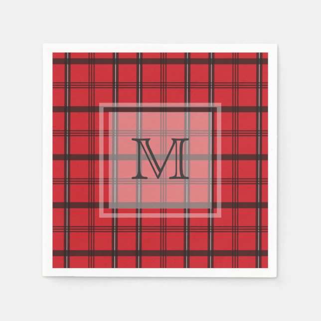 Serviette En Papier Tartan noir et rouge monogramme (Devant)