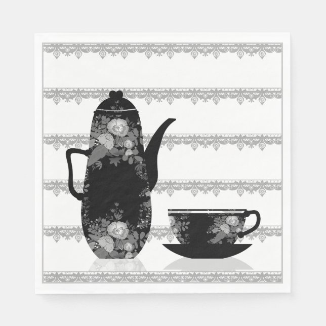 Serviette En Papier Tasse café thé noir blanc illustration rétro (Devant)