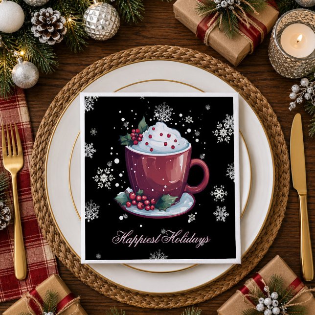 Serviette En Papier Tasse de chocolat chaud de Noël | Noir (Christmas Cup of Hot Chocolate Black Party Napkins)
