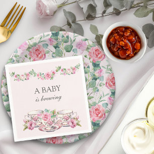 Serviette En Papier Tasse de thé vintage fleuri rose Bébé est en route