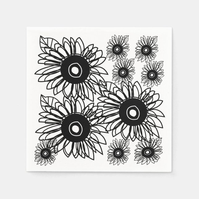 Serviette En Papier Tatouage Tournesol floral noir blanc tatouage (Devant)