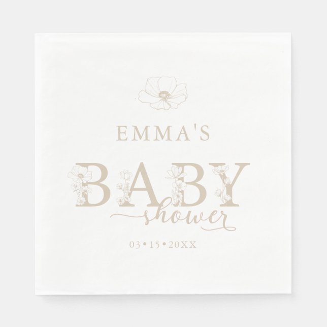 Serviette En Papier Taupe Baby Shower | Elegant Wildflower Floral (Devant)
