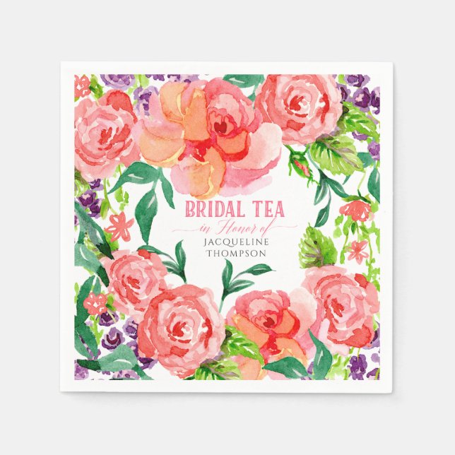 Serviette En Papier Tea Party nuptiale aquarelle Fleurs modernes Rose (Devant)