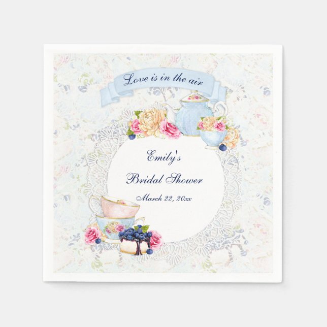 Serviette En Papier Tea Party Teapot bleu Blanc Rose dentelle (Devant)