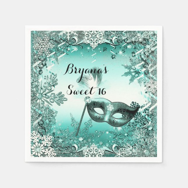 Serviette En Papier Teal Aqua Vert Mascarade d'Hiver & Flocons (Devant)