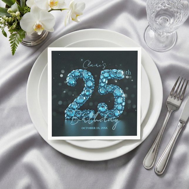 Serviette En Papier Teal Blue Diamond Gemstone Glam 25th Birthday (Créateur téléchargé)