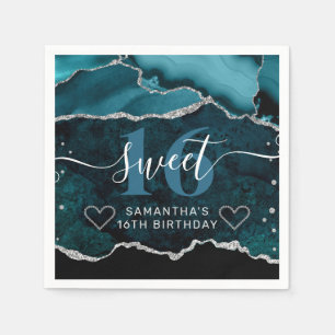 Serviette En Papier Teal et paillettes d'argent Marble Agate Sweet 16