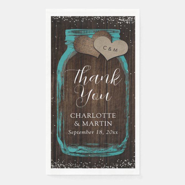 Serviette En Papier Teal Mason Jar Rustic Wood Thank You Wedding (Devant)