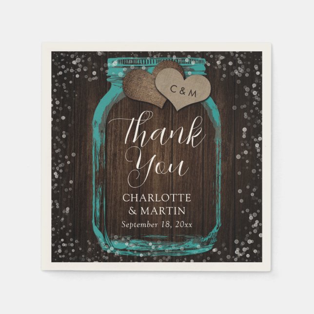 Serviette En Papier Teal Mason Jar Rustic Wood Thank You Wedding (Devant)