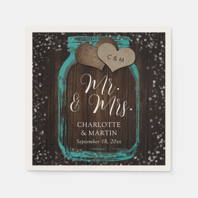 Serviette En Papier Teal Mason Jar Wood Mr. & Mrs. Wedding (Devant)