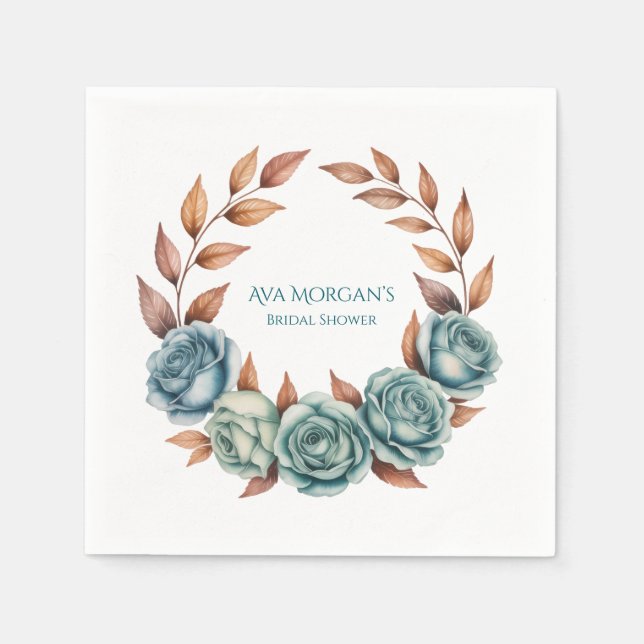 Serviette En Papier Teal Roses and Copper Leaves Bridal Shower (Devant)