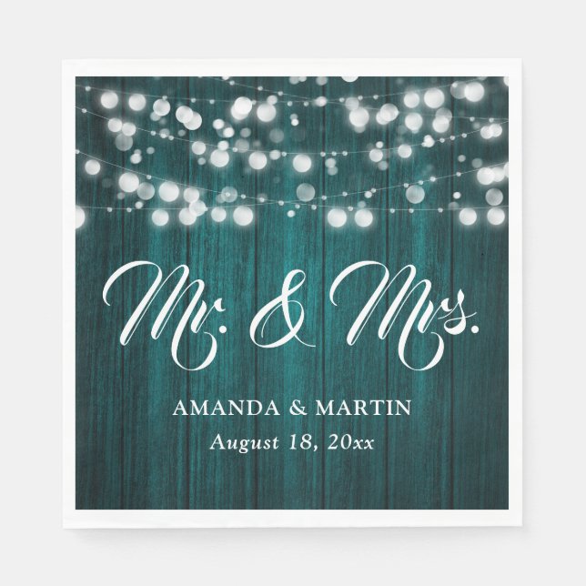 Serviette En Papier Teal Rustic Wood String Lights Mr and Mrs Wedding (Devant)