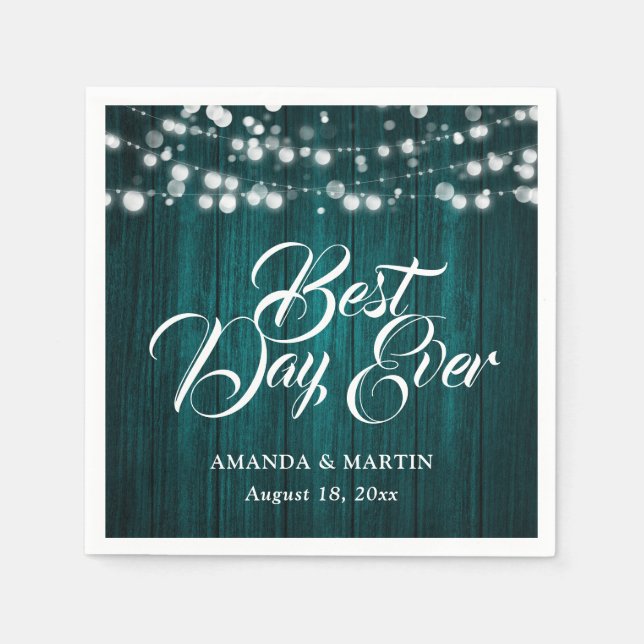 Serviette En Papier Teal Wood String Lights Rustic Wedding (Devant)