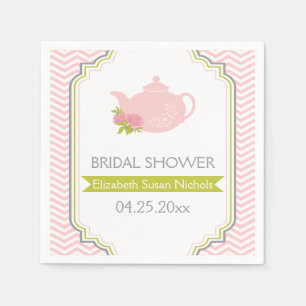 Serviette En Papier Teapot de fête, chevron rose, mariage vert