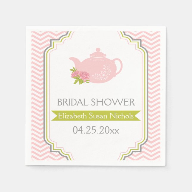 Serviette En Papier Teapot de fête, chevron rose, mariage vert (Devant)