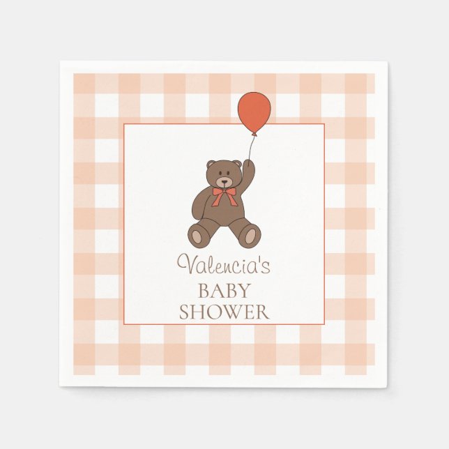 Serviette En Papier Teddy Bear and Balloon Orange White Baby Shower (Devant)