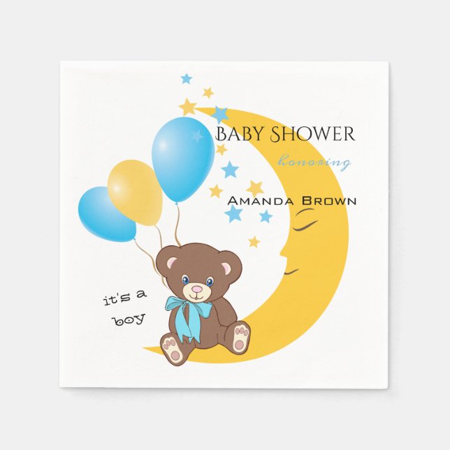Serviette En Papier Teddy Bear assis sur la Lune | Baby Boy Shower (Devant)