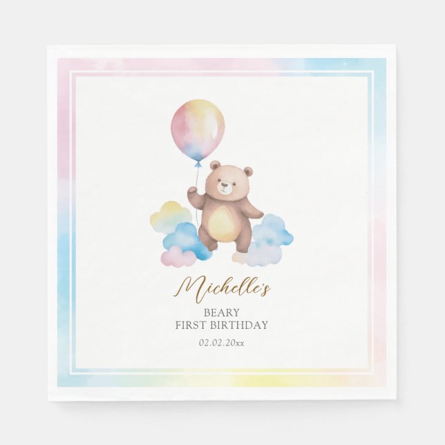 Serviette En Papier Teddy Bear Balloon Clouds Beary First Birthday (Devant)