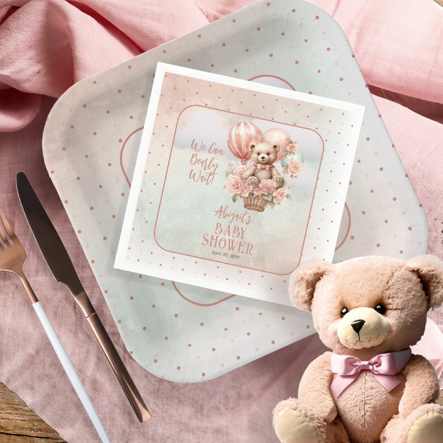 Serviette En Papier Teddy Bear Balloons Girl Bearly Wait Baby shower (Teddy Bear Hot Air Balloon | Pink Flowers "Bearly Wait" Girl Baby Shower Paper Napkins)